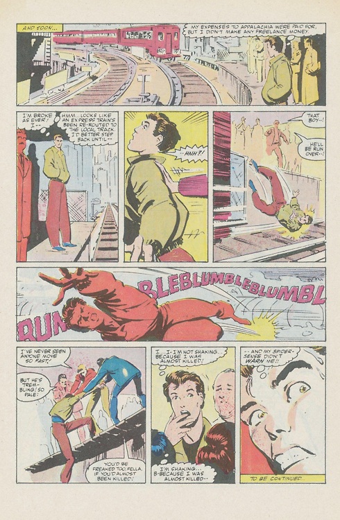 Why I don't stand near the edge of subway platforms anymore. Web of Spider-Man #18, the first appearance of Eddie Brock/Venom's... hand.